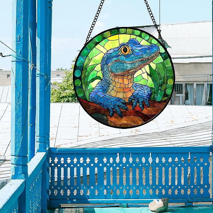 Stained Glass Window Hanging, Blue Alligator Sun Catcher for Window Door Home Decor Green Brown Suncatcher Christmas Mother's Day Birthday Gifts for Women Men Mom and Nana 7.8 in