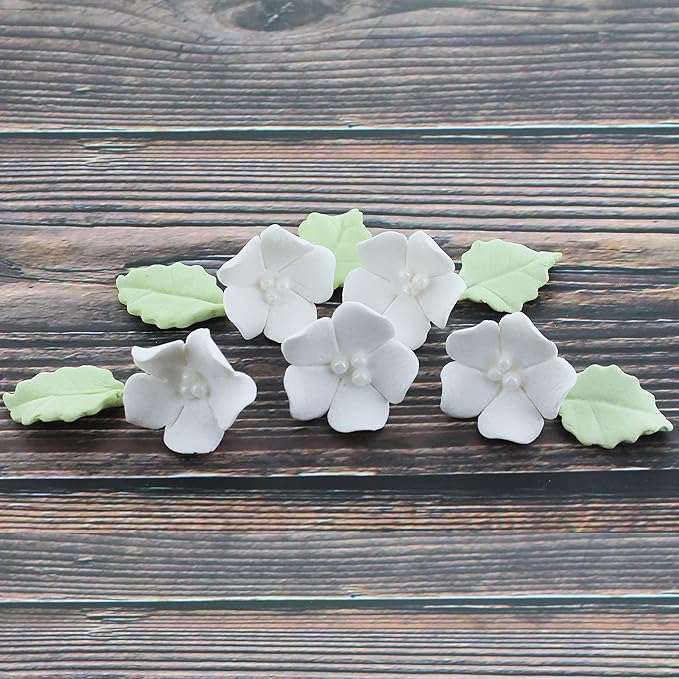 Edible Cake Toppers: 24 White Gumpaste Flowers and Leaves, Small Size