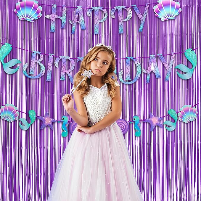 Purple Tinsel Fringe Party Backdrop - GREATRIL Party Streamers for Lavender/Mermaid/Butterfly/Fairy Birthdays Party Decorations - 3.2ft X 8.2ft - 2 Packs