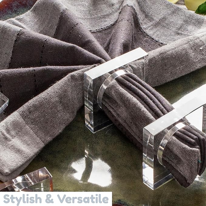Acrylic Set of 12 Square Beveled Napkin Ring - Cloth Napkin Rings Serviette Buckles for Wedding, Birthday, Banquet, Table Décor, Home Décor, Gifting (Transparent) - CLEENTABLE