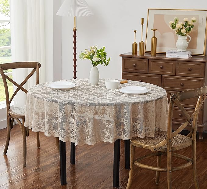LinenZone Extra Large Linen Round Tablecloth for Rustic Vintage Decor. Sheer Lace Table Cloth Works Great As Wedding Tablecloth or Thanksgiving Table Cover. (Mia 132 Round, Linen)