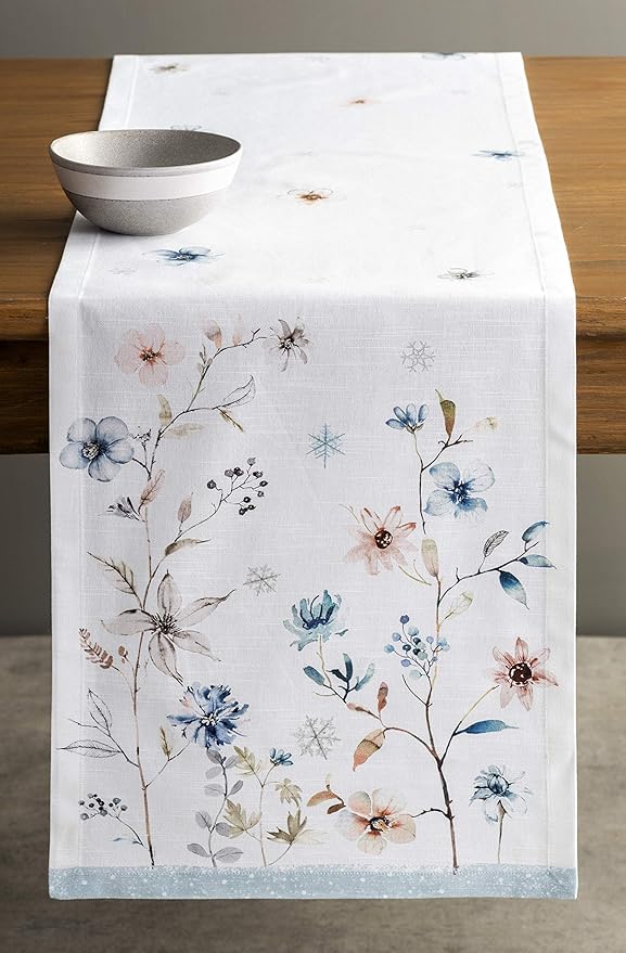 Maison d' Hermine Table Runner 100% Cotton Single Layer Table Runners 90 inches Long for Thanksgiving Christmas Decorations Home Kitchen Dining Party Wedding (Ice Florals, 14.5" x 90")