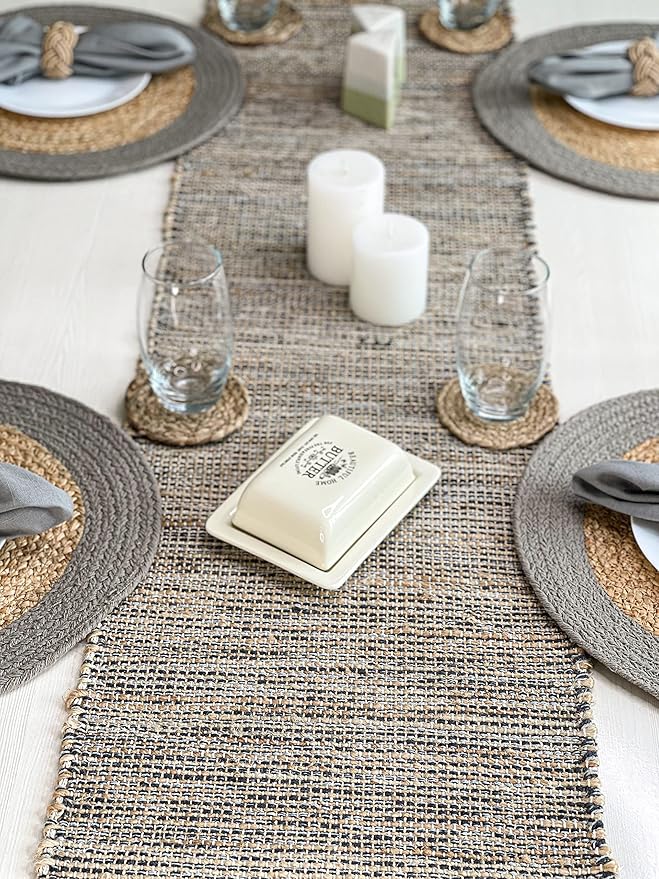 Chardin home Natural Jute Table Runner 13x90 Inch – Vintage Boho Rustic Table Decor – Handwoven Table Runner in Natural Jute and Grey – Farmhouse Dining or Console Table Accent