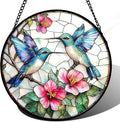 Stained Glass Window Hanging - Blue White Hummingbirds Pink Flowers Suncatcher for Door Terrace Garden Home Decor Bird Sun Catcher Birthday Gifts for Lovers Women Men Dad Mom Nana 11.8 in