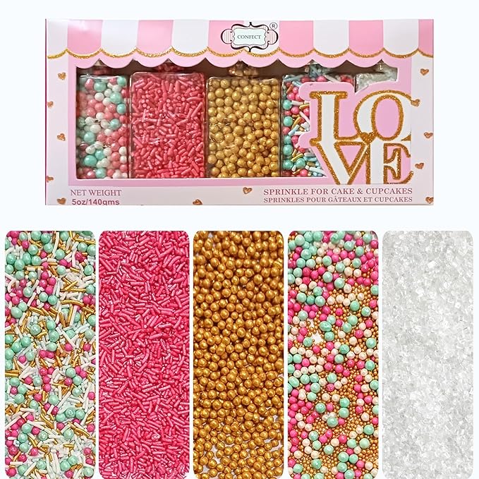 Confect Sprinkles – Princess Party Edible Sprinkles | Mix with Golden Pearl, Blue & White Dragees, , Mint green, White Sparkling Sugar & Pink Jimmies | Vegan, Gluten-Free Cake & Cupcake Decorating Topping - 5 Oz