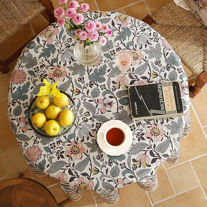 ISAENNE Designer Boho Floral Round Tablecloth,Linen Lotus Flower Pattern Colorful Indoor Table Cloth,Durable Decor Tablecloths for Dining Thanksgiving Kitchen Christmas,Diameter 67"-Hazel A