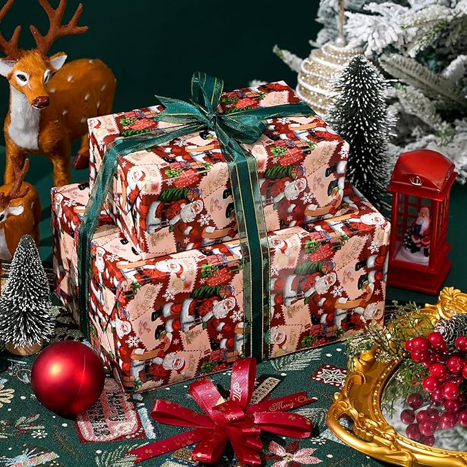 Ulmasinn Reversible Christmas Wrapping Paper Roll - 17" x33ft Double-Sided Designs with Santa and postcard & Plaid for Xmas Gift Wrap for Presents, Table Decor & Crafting