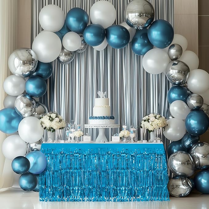 4 Pack Lake Blue Table Skirts, 29x108" Metallic Foil Tinsel Fringe Table Skirts for Rectangle Tables Streamer Curtains Backdrop, Party Decorations for Birthdays Weddings Holidays
