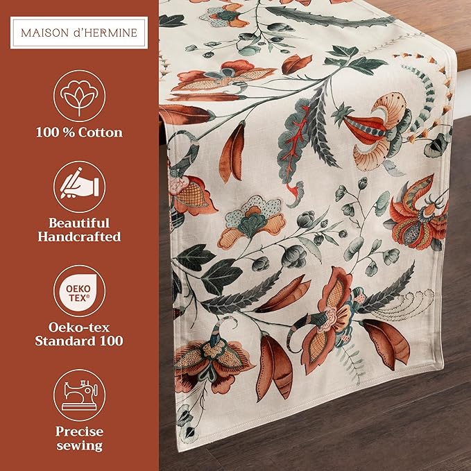 Maison d' Hermine Table Runner 100% Cotton Double Layer Table Runners 108 inches Long for Thanksgiving Christmas Decorations Home Kitchen Dining Party Wedding (Dalida, 14.5" x 108")