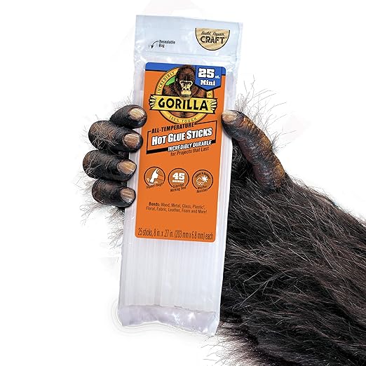 Gorilla Hot Glue Sticks, Clear Glue, Mini Size 8" Long x 0.27" Diameter, 25 Count (Pack of 1) - Safe for All Temperatures with Extended Working Time