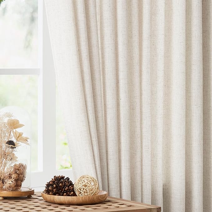 Vision Home Natural Pinch Pleated Semi Sheer Curtains Textured Linen Blended Light Filtering Window Curtains 95 inch for Living Room Bedroom Patio Pinch Pleat Drapes with Hooks 1 Panel 60" Wx95 L