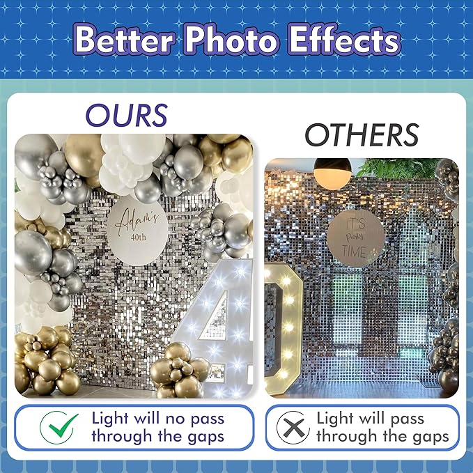 Qcity Light Gold Shimmer Wall Backdrop 48PCS, Black Back Not See-Through Design, Square Sequin Glitter Backdrop Panel, Perfect for Outdoor Events, Birthdays, Wedding and Party Decoration