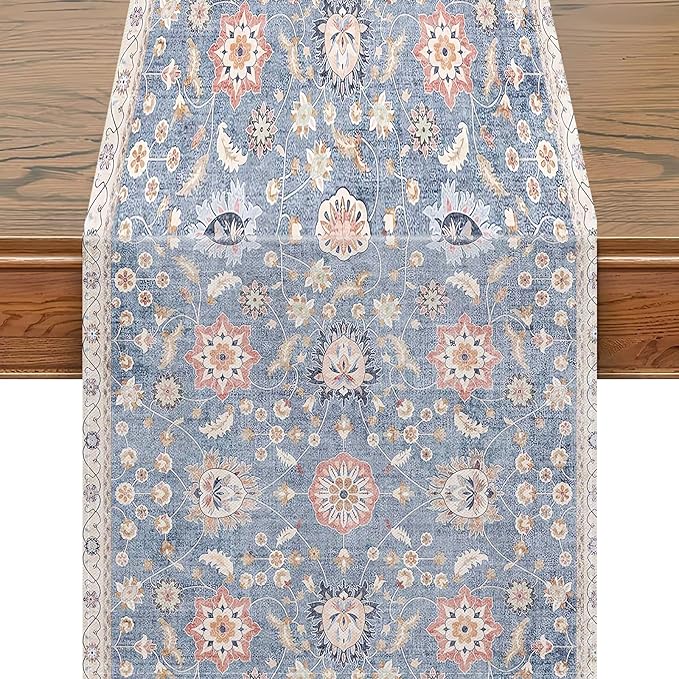 Snycler Table Runner Boho Table Runners Vintage Elegant Farmhouse Table Center Linen Decor for Home Dining Party Entrance (13x48 Inch) Blue