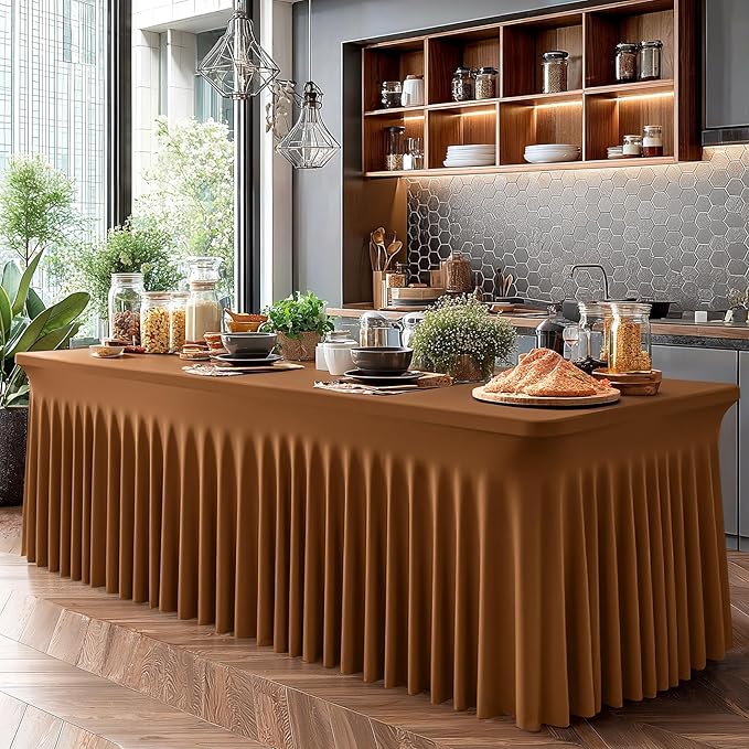 Wish Care 2 Pack Brown Spandex Table Clothes for 8 Foot Rectangle Tables, 8FT Wrinkle Free Fitted Tablecloths Ruffles Design Table Cover for Party, Banquet, Wedding and Events