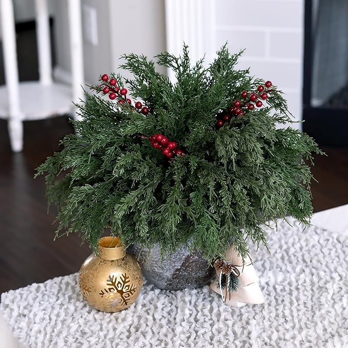 Artificial Norfolk Pine Branches Set, 12 Cedar Stems and 3 Red Berry Stems