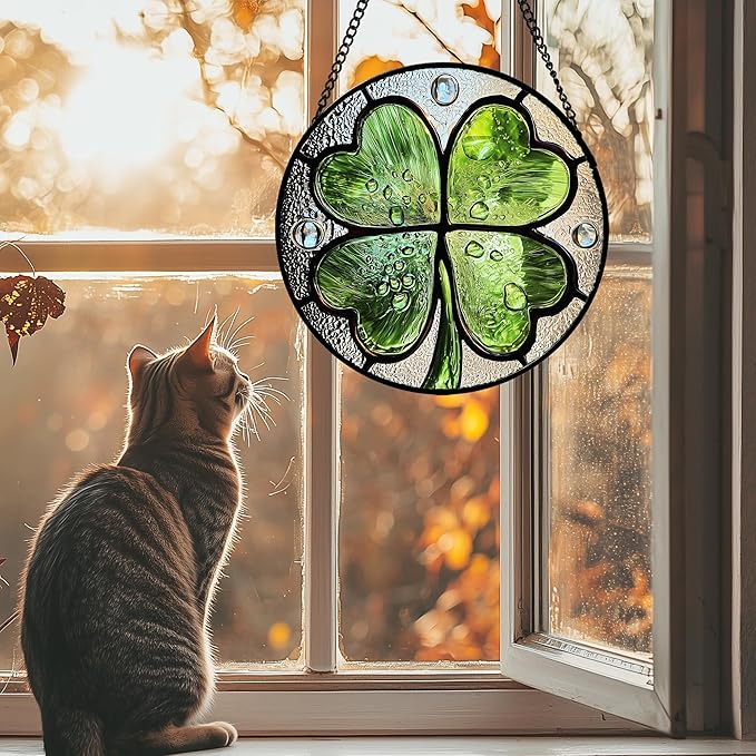Stained Glass Window Hanging, Green Silver 4 Leaf Clover Sun Catcher for Window Door Home Decor Plant Suncatcher Christmas Mother's Day Birthday Gifts for Women Men Mom Nana 15 in