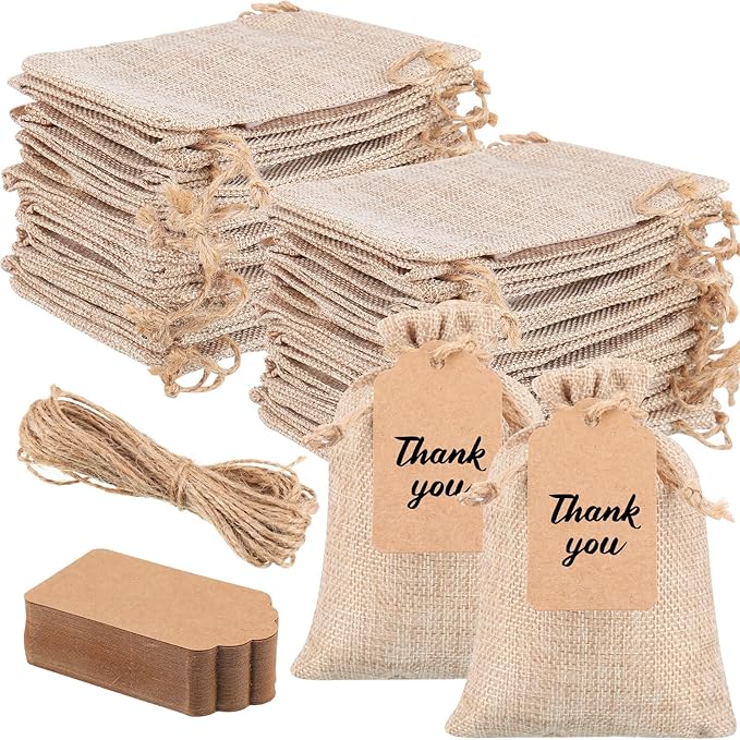 Gift Bags Burlap Drawstring Favor Bags with Kraft Paper Tags, 100 Count