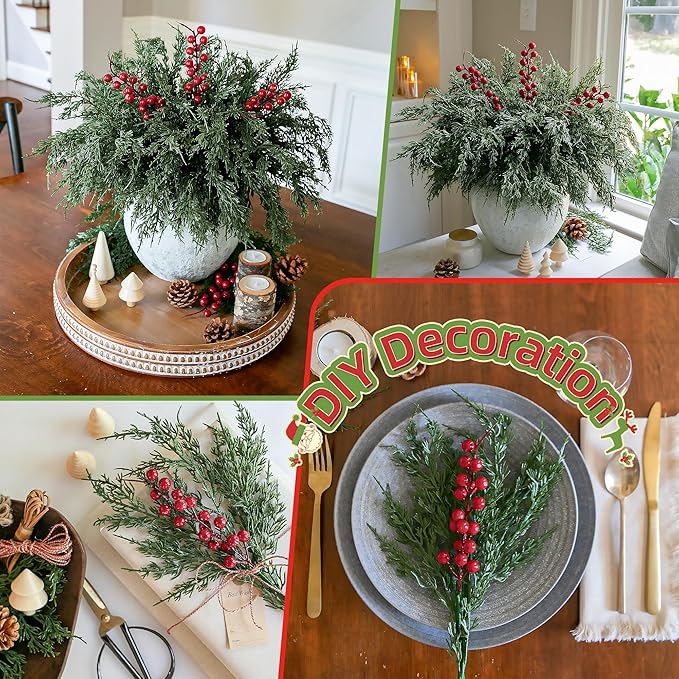 Artificial Norfolk Pine Branches Set, 12 Cedar Stems and 3 Red Berry Stems