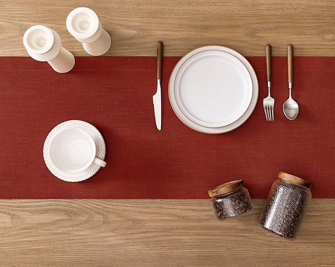 ZeeMart Linen Textured Border Table Runner, 14 x 36 Inch Orange, Farmhouse Style Burnt Orange Fall Table Runners 36 Inches Long, Easy Care Everyday Polyester Table Runner