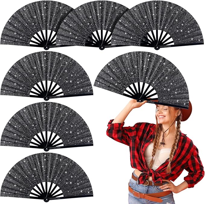 Thyle 6 Pcs Large Folding Fan for Line Dancing Bulk Boots on The Ground Hand Fan Black Popping Clapping Party Favors Decoration Gift for Edm Festival Club Summer(Classical)