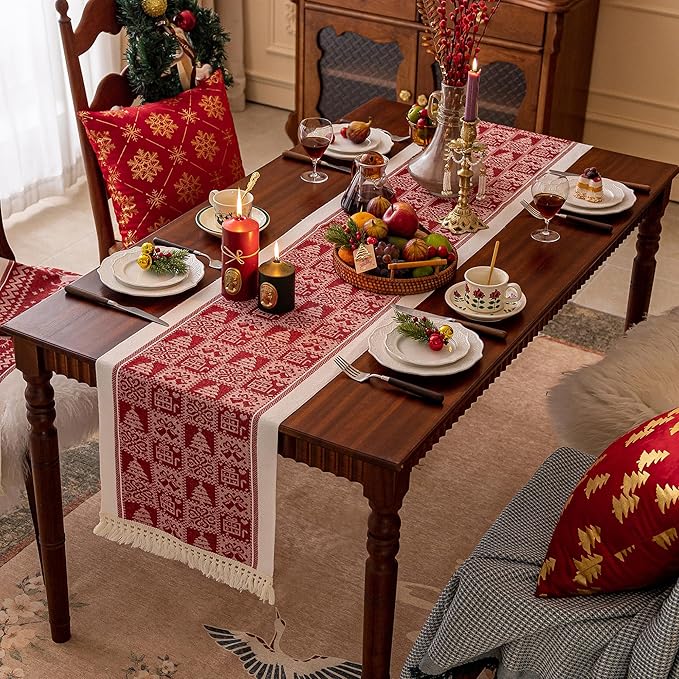 Table Runners 72 Inches,Christmas Tree Table Runner with Tassel Fringe,Gift Table Runner for Party，Coffee Table, Festival