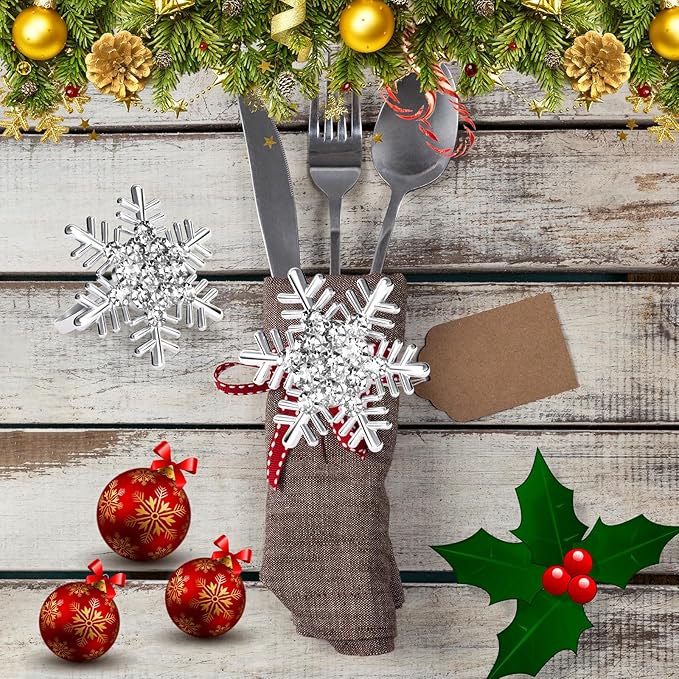 Halatool Christmas Silver Snowflake Napkin Rings Set of 6, Dinner Table Napkin Holder for Christmas Thanksgiving Winter Holiday Place Setting, Weddings, Party Table Decoration