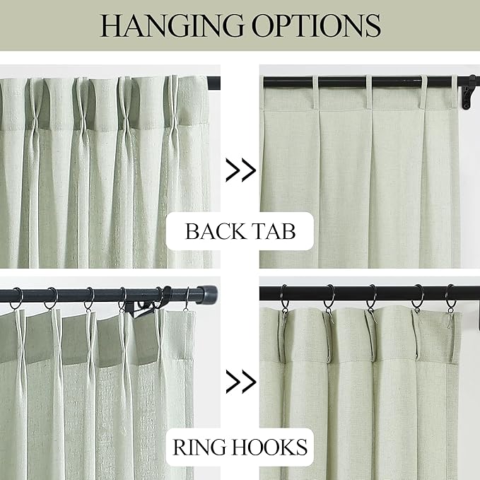 Vision Home Soft Green Pinch Pleated Semi Sheer Curtains Textured Linen Blended Light Filtering Window Curtains 120 inch for Living Room Bedroom Pinch Pleat Drapes with Hooks 10ft 2 Panels 40"Wx120"L