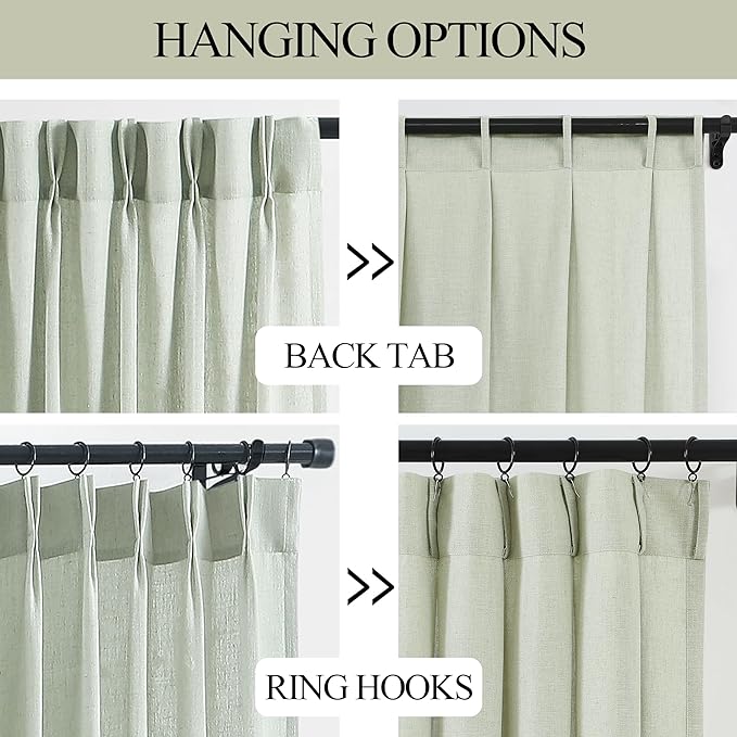 Vision Home Pinch Pleated Semi Sheer Curtains Textured Linen Blended Light Filtering Window Curtains 90 inch for Living Room Bedroom Pinch Pleat Drapes with Hooks 2 Panels 40" Wx90 L,Soft Green