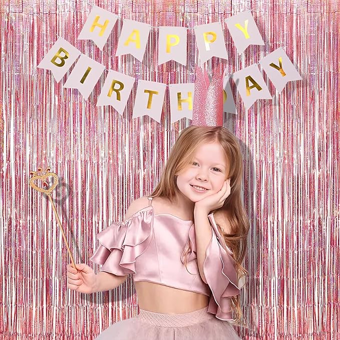 BRAVESHINE Rose-Gold Tinsel Foil Fringe Curtains - 2Pcs 3.2x8.2ft Metallic Holiday Photo Booth Backdrop Party Supplies for Birthdays Valentines Day Bridal Shower Bachelorette Engagement Party