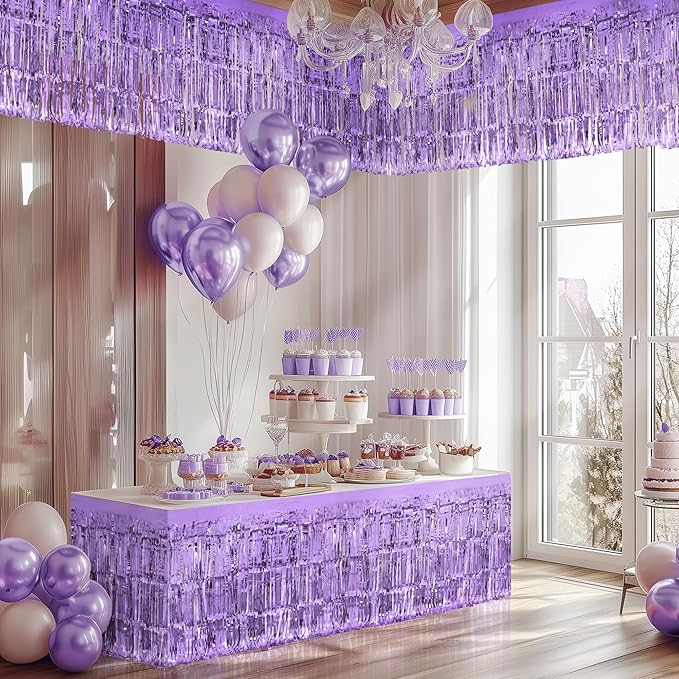 2 Pack Light Purple Table Skirts, 29x108" Metallic Foil Tinsel Fringe Table Skirts for Rectangle Tables Streamer Curtains Backdrop, Party Decorations for Birthdays Weddings Holidays
