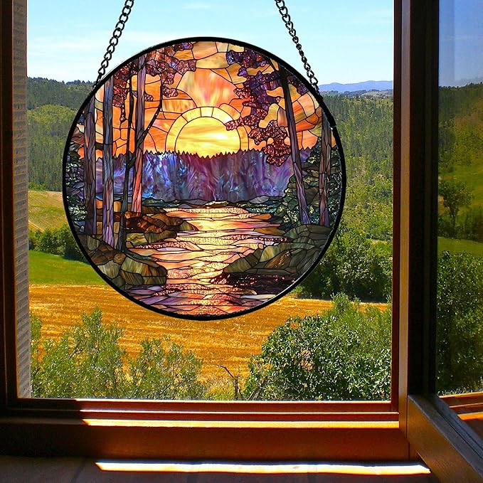 Stained Glass Window Hanging, Orange Landscape Green Purple Lake Forest Suncatcher for Doors Window Home Sun Catchers Decor Mother's Day Birthday Gifts for Women Men Mom 6.3 in