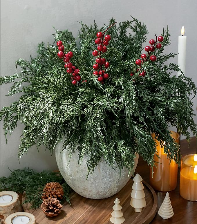 Artificial Norfolk Pine Branches Set, 12 Cedar Stems and 3 Red Berry Stems
