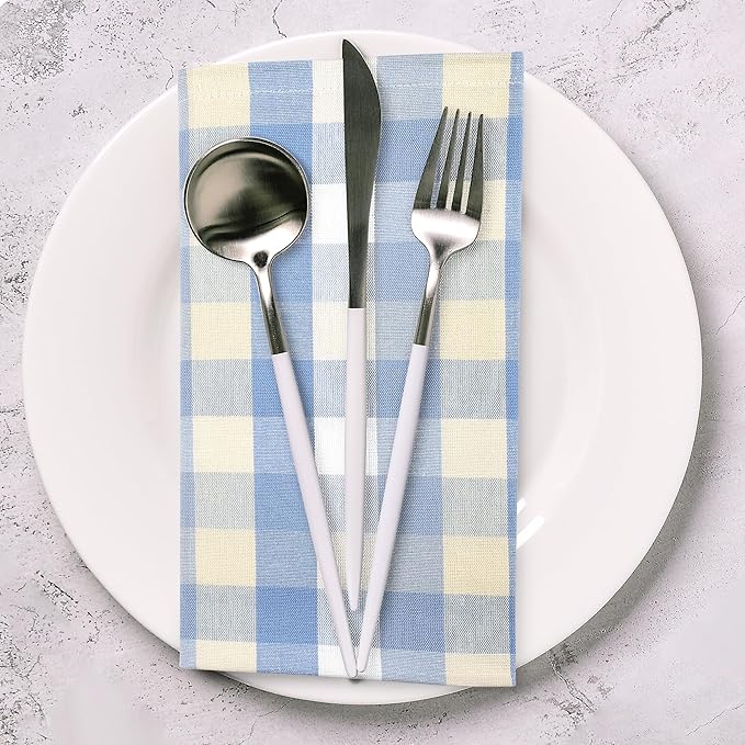 Cloth Napkins in Blue Sand Check, 100% Cotton, 20x20 Inch