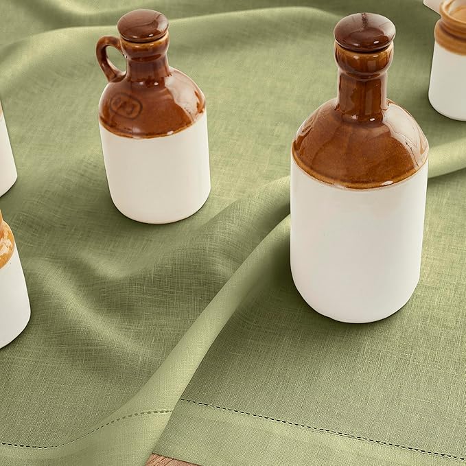 Solino Home Linen Moss Green Table Runner 156 Inches Long - 100% Pure Linen Extra Long Table Runner 14 x 156 Inch for Fall, Autumn, Thanksgiving - Classic Hemstitch