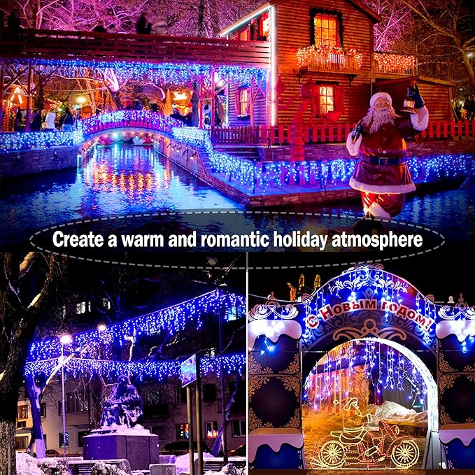 KNONEW Christmas Lights Outdoor Decorations 400 LED 33ft 8 Modes Curtain String Light with 75 Drops, Clear Wire LED Fairy Light Indoor Decor for Wedding Party Christmas Decorations(Blue)