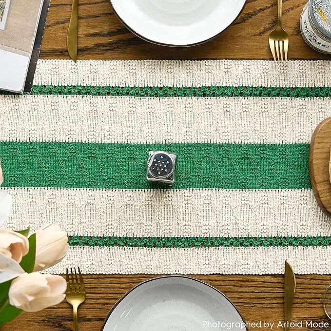 Artoid Mode Dark Green Farmhouse Woven Rustic Table Runner, Seasonal Holiday Hollow Kitchen Dining Table Decoration for Home Party Decor 12x90 Inch