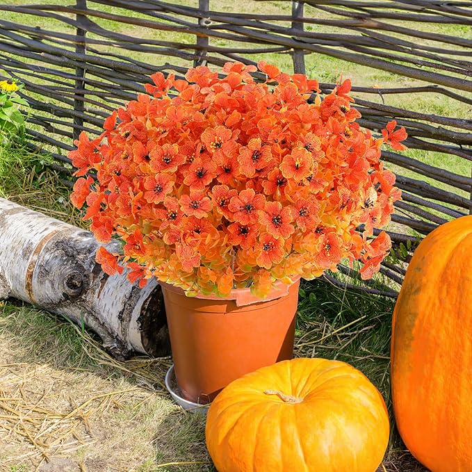 AmyHomie 16 Bundles Orange Artificial Fall Flowers for Outdoors Fall Decor UV Resistant Fake Mums Flowers No Fade Fake Plastic Plants Garden Porch Window Box Decorating