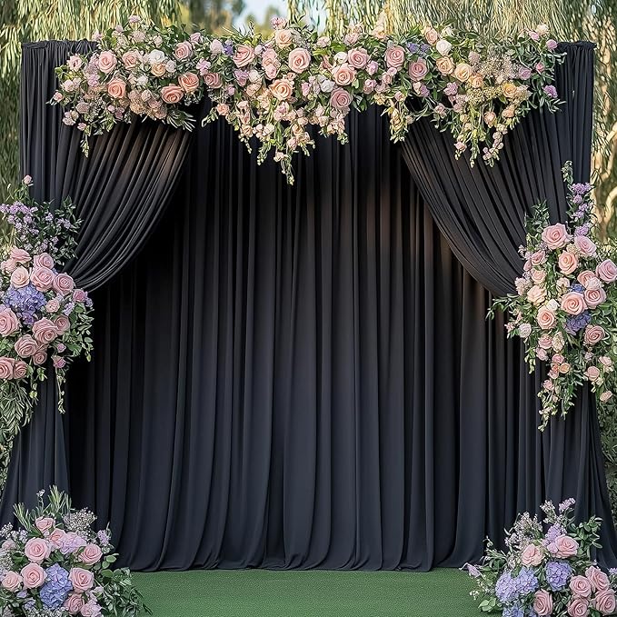 10ftx12ft Wrinkle Free Black Backdrop Curtain, 2 Panels 12FT Height Black Wedding Backdrop Drapes, Silky Polyester Back Drop Cloth for Birthday Photography Background Party Backdrop Draping