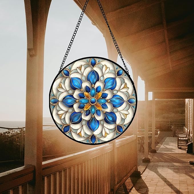 Stained Glass Window Hanging - Blue and White Abstract Flowers Suncatcher for Door Terrace Garden Home Decor, Gold Sun Catcher Birthday Gifts for Lovers Women Men Dad Mom Nana 6.3 in