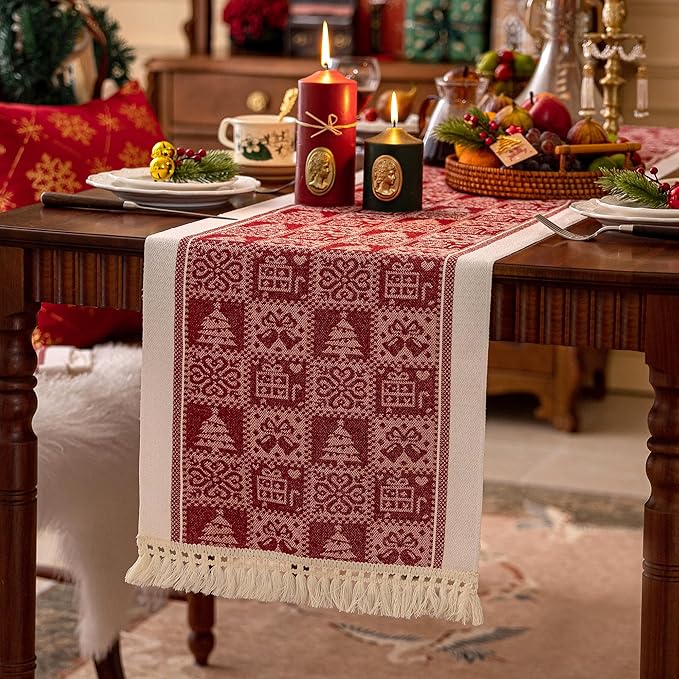 Table Runners 48 Inches,Christmas Tree Table Runner with Tassel Fringe, Gift Table Runner for Party，Coffee Table, Festival