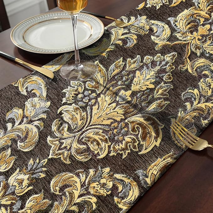 European Royal Table Runners Retro Flowers Luxury Jacquard with Tassels Dark Brown 13x60
