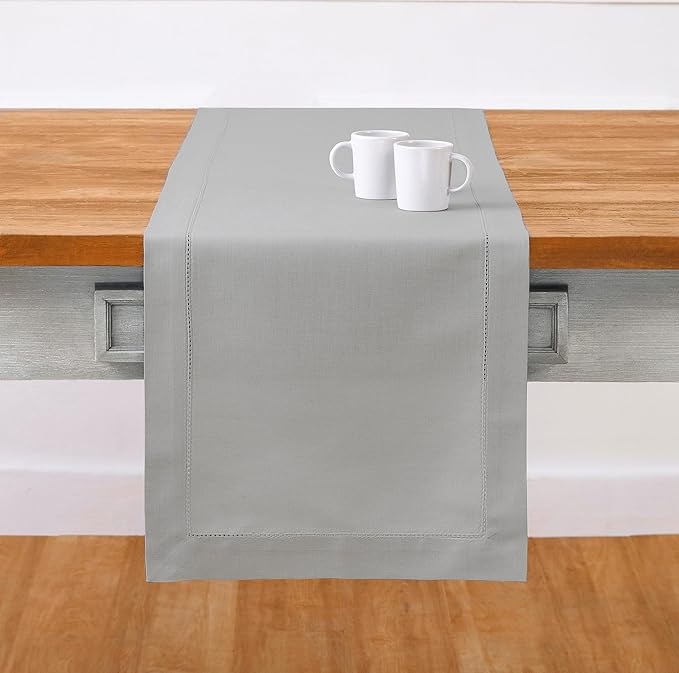 Solino Home Cotton Linen Light Grey Table Runner 120 Inches Long - Hemstitch 14 x 120 Inch Table Runner for Fall, Autumn, Thanksgiving, Christmas, Holiday