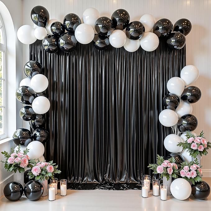 Sequin Backdrop Curtain Black, 4-Panel Glitter Polyester with Rod Pocket