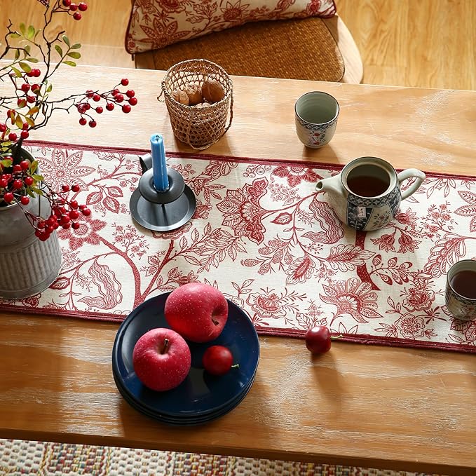 ISAENNE Designer Chinoiserie Elegant Linen Extra Long Table Runner 118 Inches,Red Floral Pattern Decor Table Runners for Thanksgiving,Dining Room,Banquet,Kitchen Tables,Christmas,12"*118"-Ruyi A