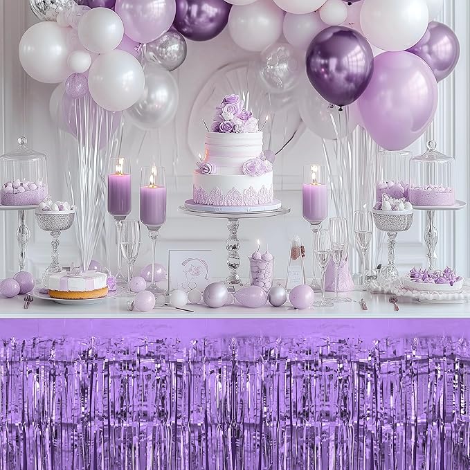 4 Pack Light Purple Table Skirts, 29x108" Metallic Foil Tinsel Fringe Table Skirts for Rectangle Tables Streamer Curtains Backdrop, Party Decorations for Birthdays Weddings Holidays
