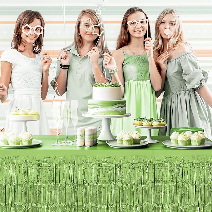 2 Pack Light Green Table Skirts, 29x108" Metallic Foil Tinsel Fringe Table Skirts for Rectangle Tables Streamer Curtains Backdrop, Party Decorations for Birthdays Weddings Holidays