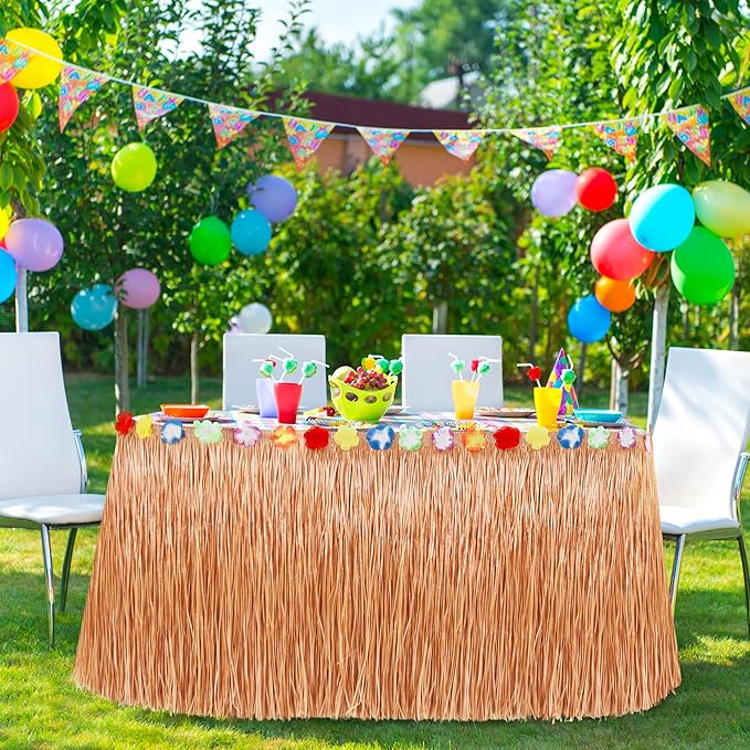 4PCS Hawaiian Table Skirt Decor, Luau Themed Grass Table Skirt Party Decorations, 108 X 29.5" Flower Tropical Hula Dance Parties Supplies, Table Skirt Bulk for Summer Beach Themed Activities