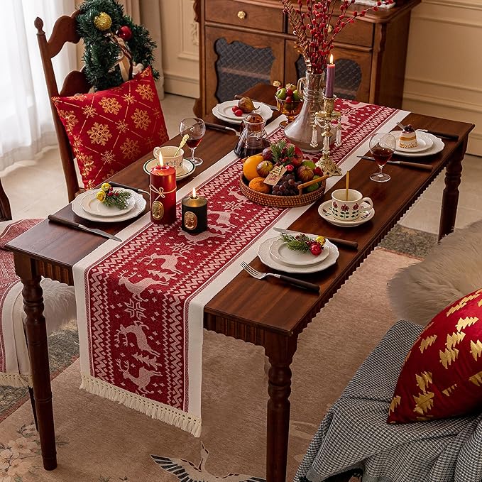Table Runners 138 Inches,Elk Table Runner with Tassel Fringe,Christmas Table Runner for Party，Coffee Table, Festival