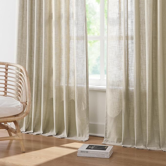 Vision Home Sand Pinch Pleated Semi Sheer Curtains Textured Linen Blended Light Filtering Window Curtains 63 inch for Living Room Bedroom Pinch Pleat Drapes with Hooks 2 Panels 40" Wx63 L,Camel Beige