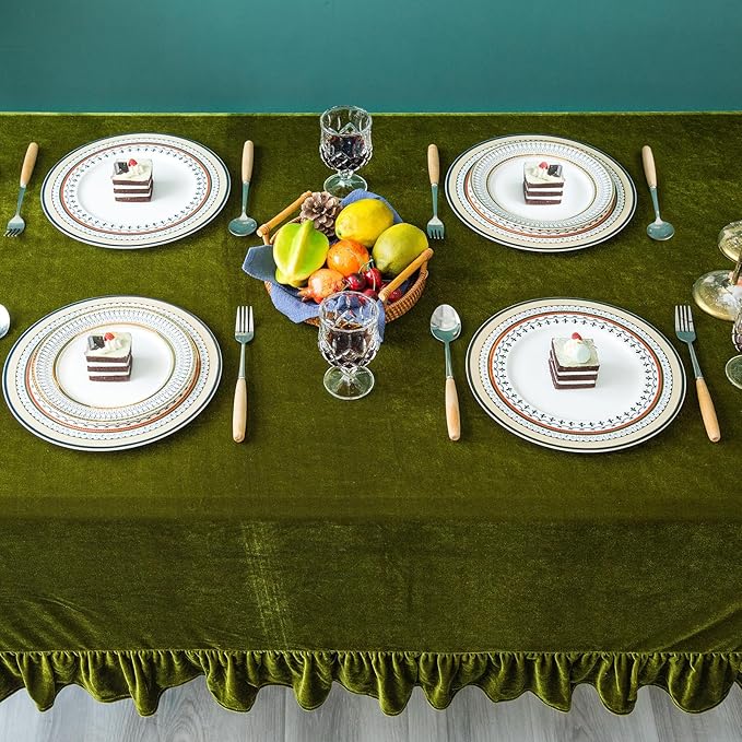 Velvet Tablecloth Luxurious Solid Rectangle Table Cloth,Oblong Retro Farmhouse Ruffle Tablecloths Washable Table Cover for Party Wedding Baby Shower Kitchen Dinning Tabletop Decoration
